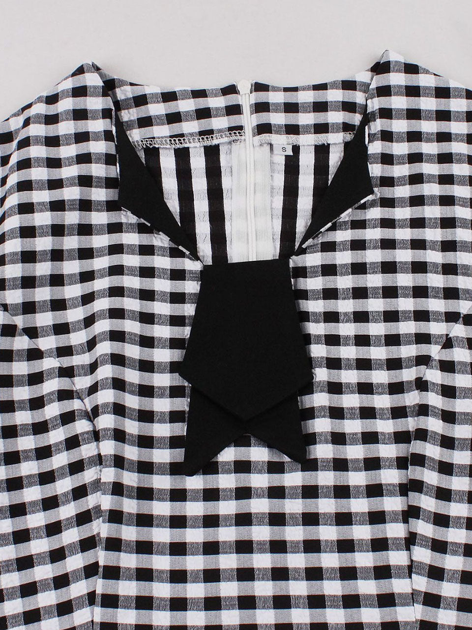 Black White Plaid Bow Neck 1950s Three-Quarter Sleeves Swing Dress