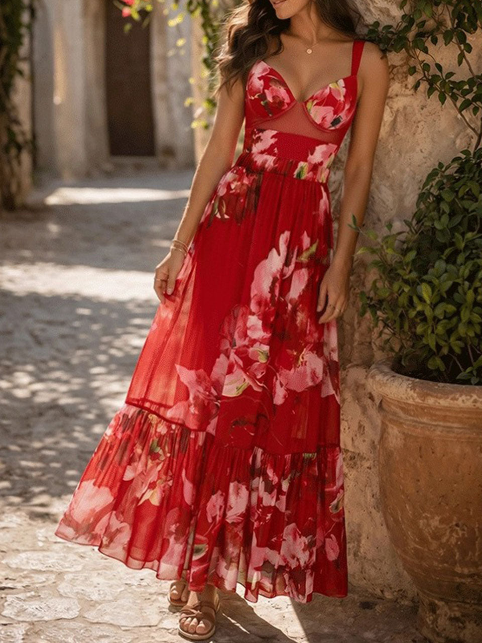 2PS Red Floral One-Piece Swimsuit and Sheer Maxi Cover-Up Skirt Set