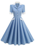 1950s Vintage Notch Lapel Short Sleeve Polka Dot Swing Dress