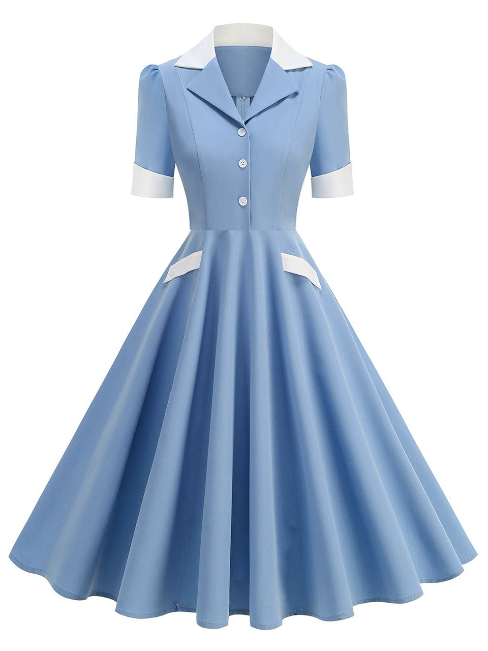 1950s Vintage Notch Lapel Short Sleeve Polka Dot Swing Dress