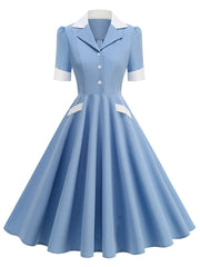 1950s Vintage Notch Lapel Short Sleeve Polka Dot Swing Dress
