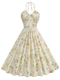 Yellow Floral Print Halter Neck Vintage Dress