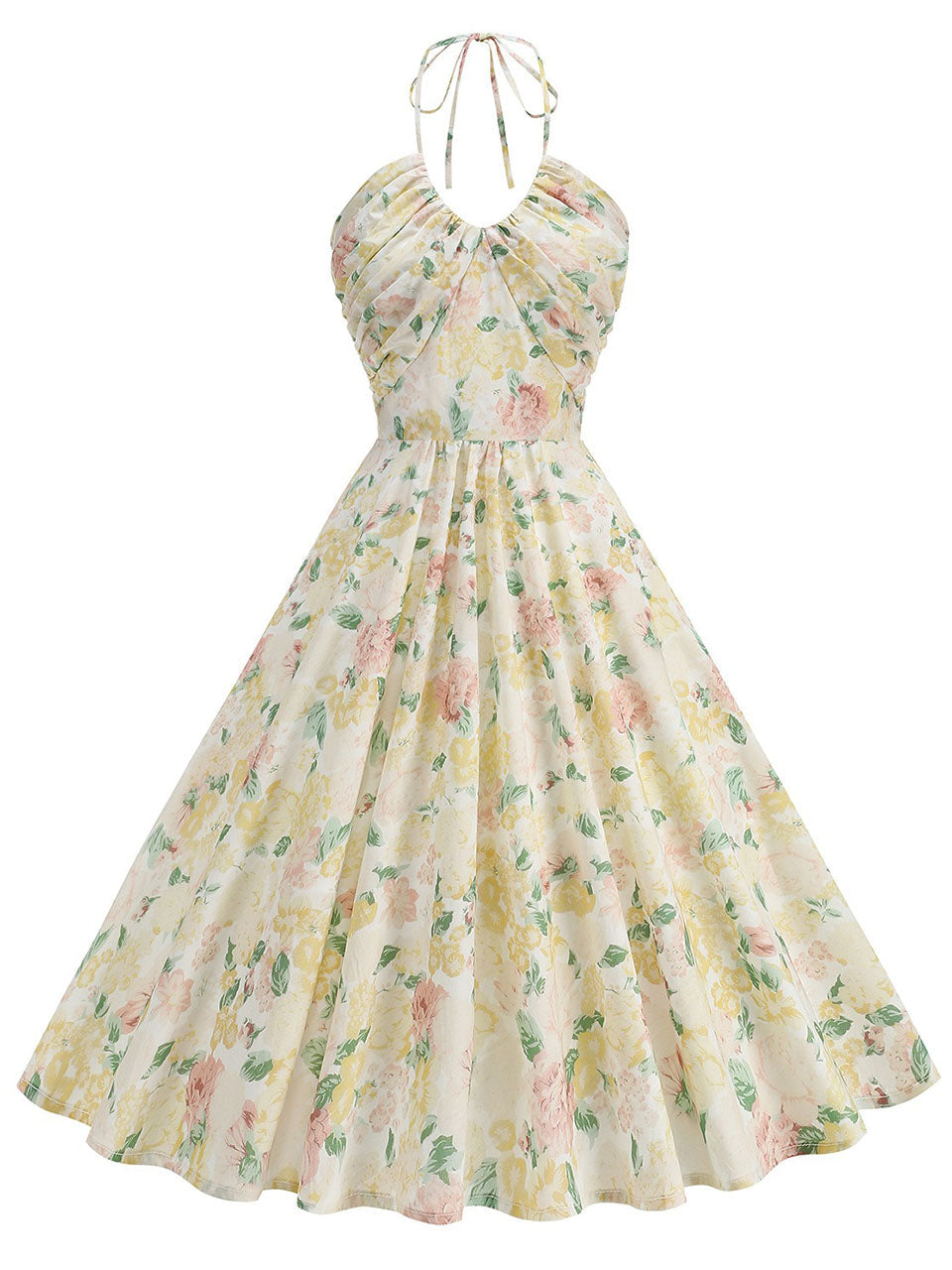 Yellow Floral Print Halter Neck Vintage Dress