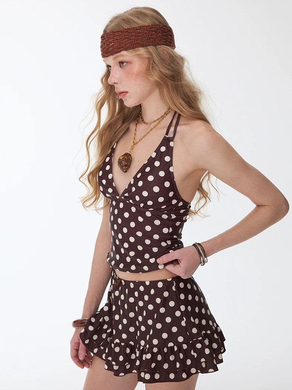Retro Brown Polka Dot Tankini Set
