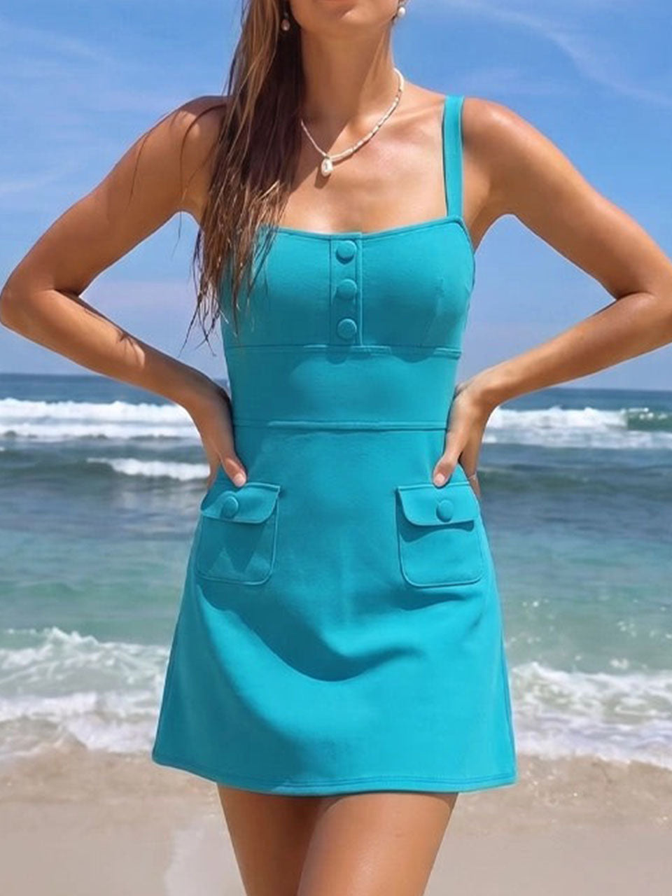 2PS Turquoise Blue Button-Front One-Piece Swimsuit & Pocket Mini Skirt Cover-Up Set