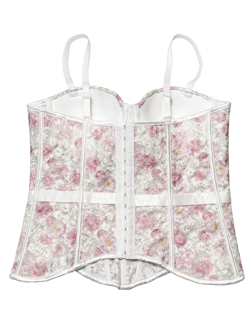 Pink Floral Embroidered Corset Top - Sheer Boned Spaghetti Strap Bustier