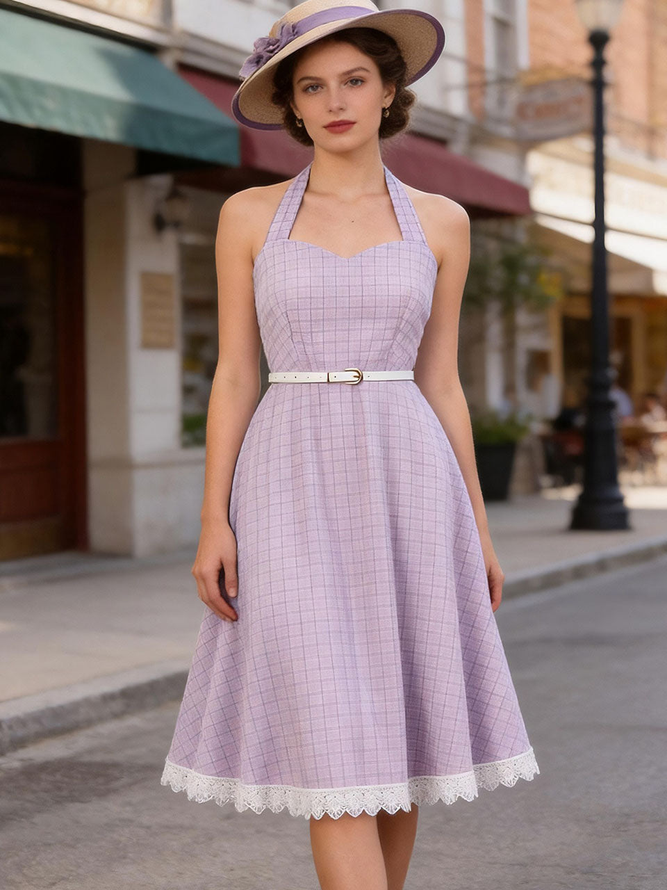1950s Purple Plaid Vintage Halter Swing Dress