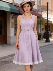 1950s Purple Plaid Vintage Halter Swing Dress