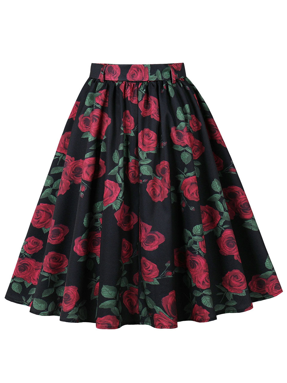 1950S Rose Print High Waist Swing Vintage Skirt