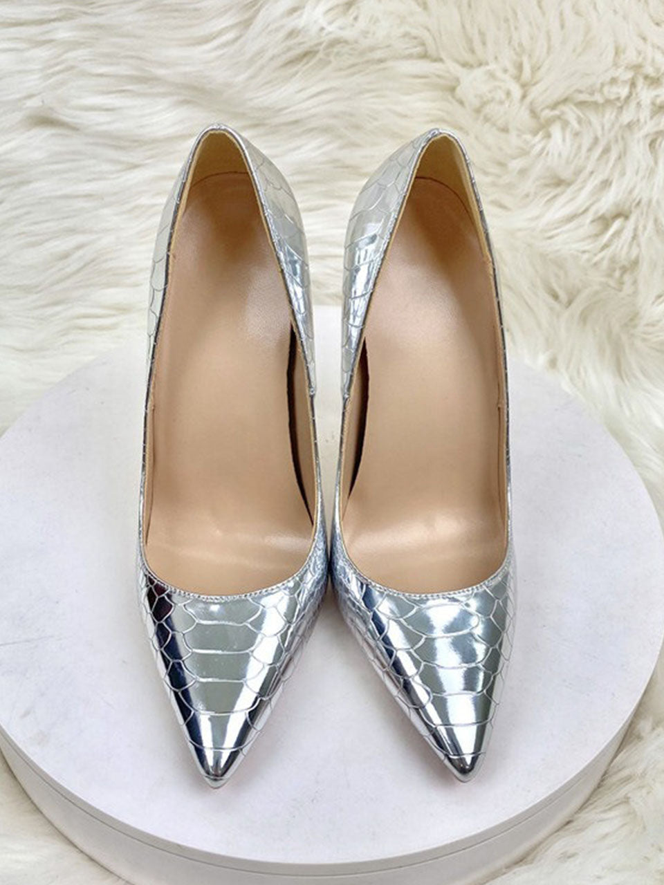 8CM High Heel Pointed Toe Metallic Silver Leather Shoes