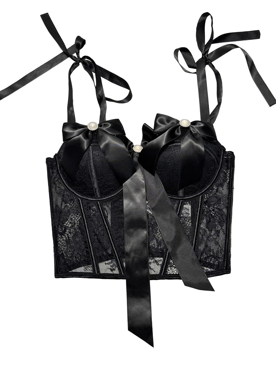Black Bow Nude Lace Corset Top - Pearl Embellished Bustier