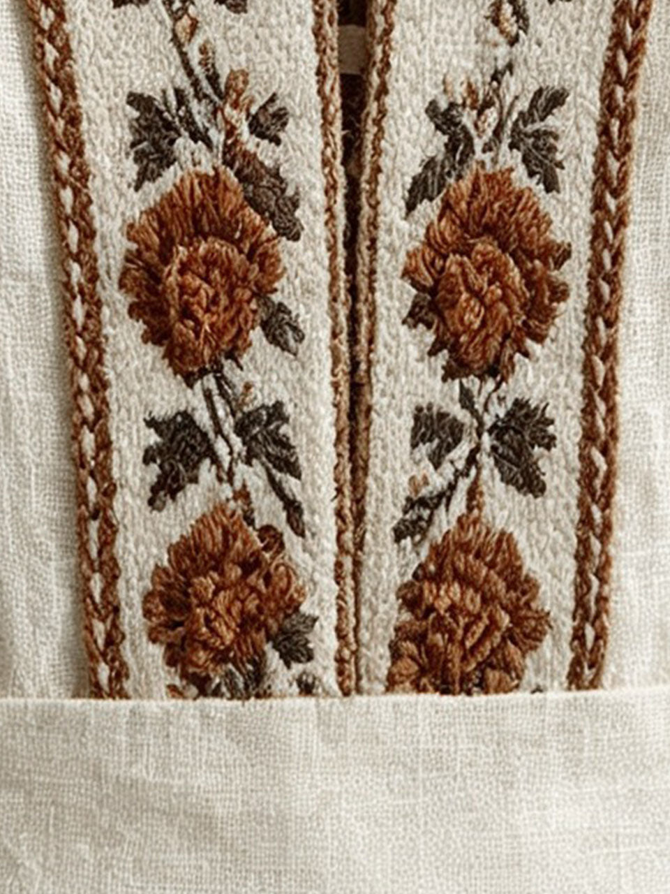 1970s Boho Embroidered Halter V-Neck Linen Midi Dress