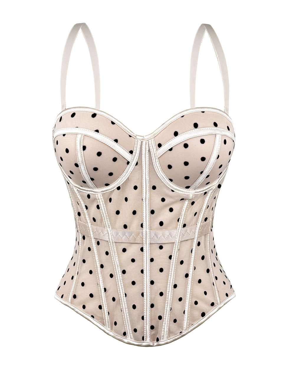 Pink Polka Dot Mesh Corset Top - Sheer Boned Spaghetti Strap Bustier