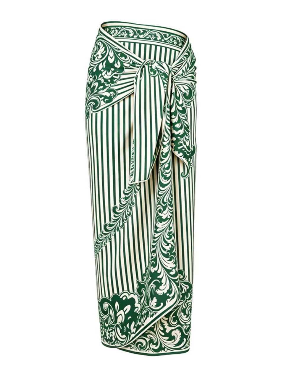 2PS Green and White Paisley Tile Print V-Neck Swimsuit and Stripe Sarong Set