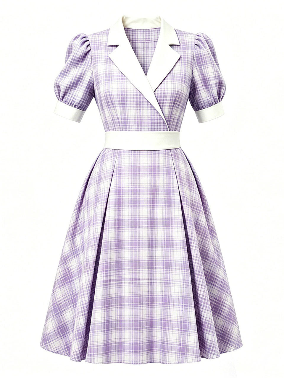 1950s Baby Blue Plaid Notch Lapel Collar Vintage Puff Sleeve Retro Swing Dress