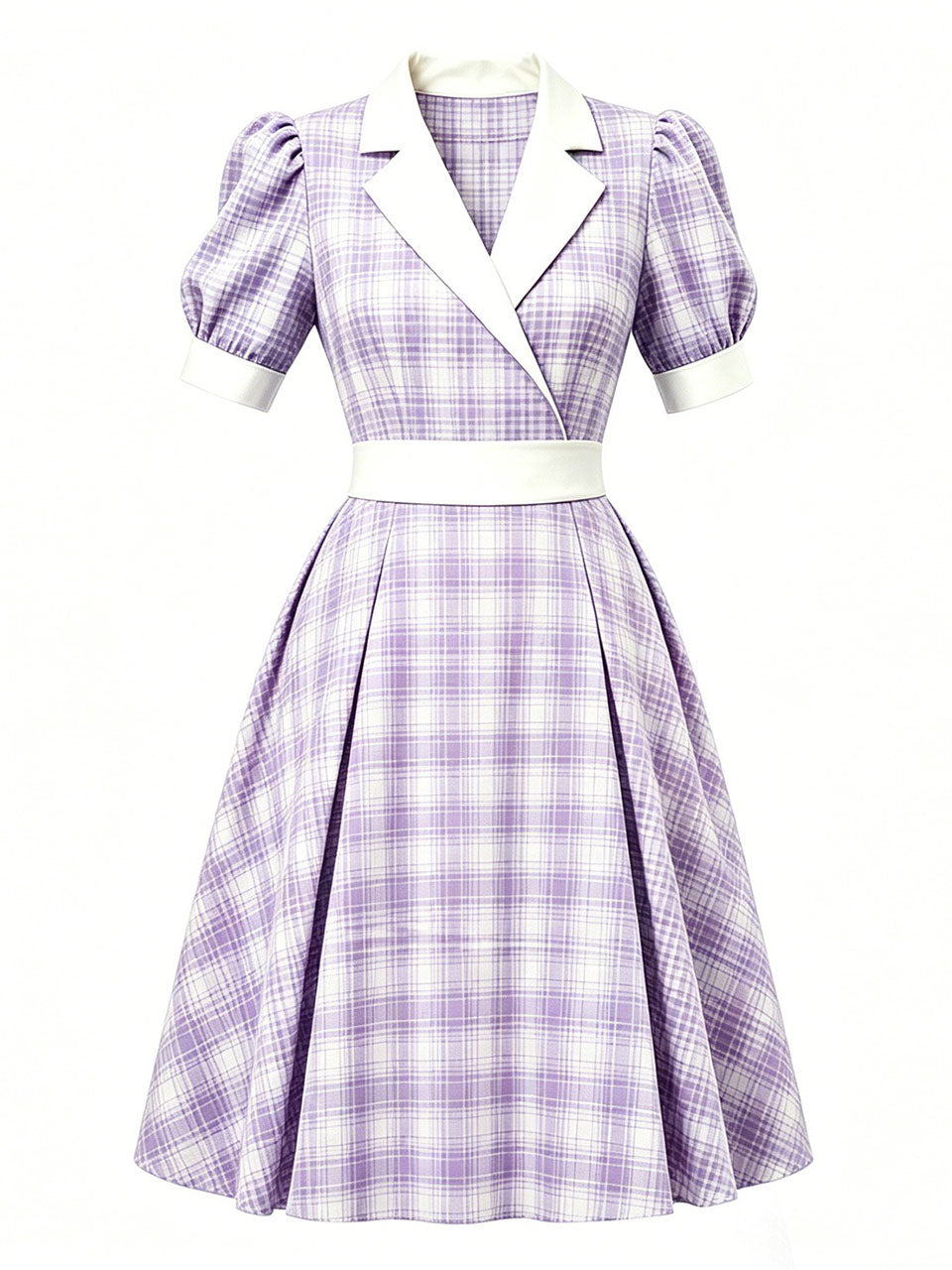 1950s Baby Blue Plaid Notch Lapel Collar Vintage Puff Sleeve Retro Swing Dress