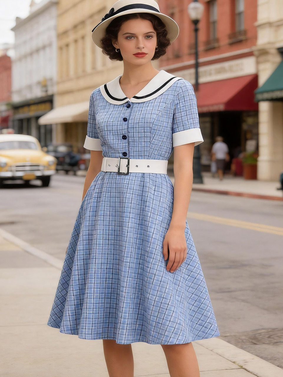 1950s Blue Plaid Vintage Sailor Collar Short Sleeve Swing Dress