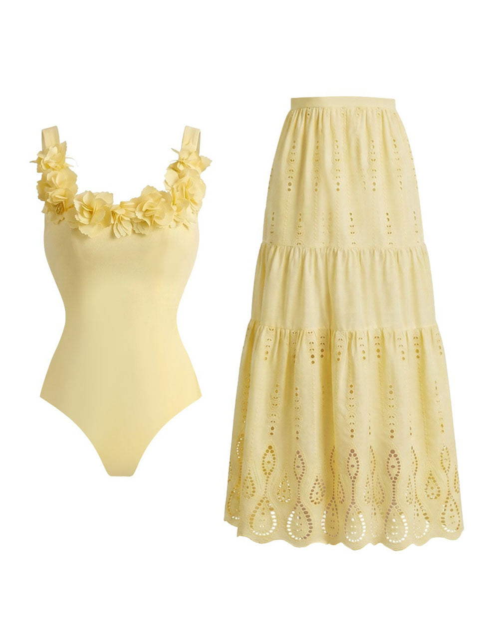 Pastel Yellow 3D Flower Applique One-Piece Swimsuit and Eyelet Cutout Long Skirt Set