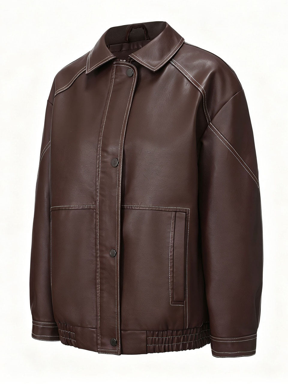 Dark Brown Contrast Stitch Faux Leather Bomber Jacket