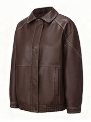 Dark Brown Contrast Stitch Faux Leather Bomber Jacket