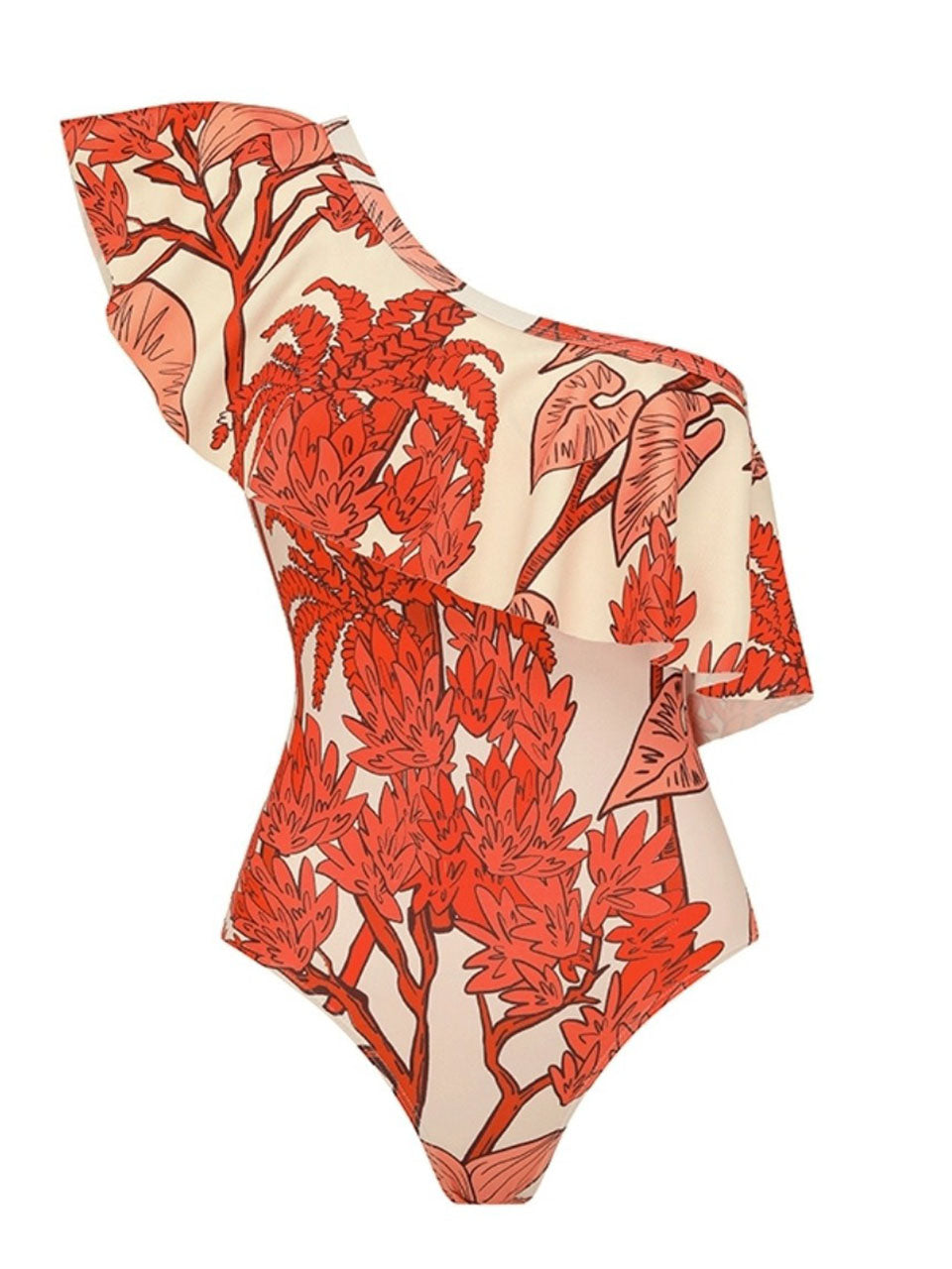 Red Tropical Print One-Shoulder Ruffle Swimsuit & Wide-Leg Pants Set