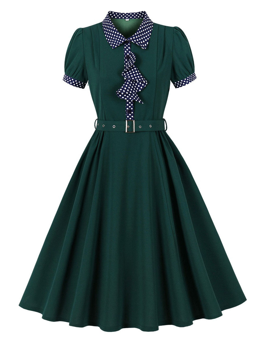 Vintage 1950s Baby Blue Polka Dot Ruffles Swing Dress