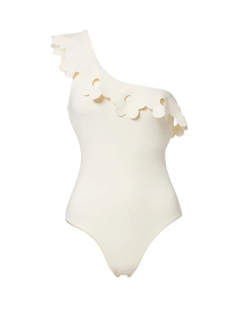 White One-Shoulder Scallop Cutout Swimsuit Tie-Front Sarong Skirt Set