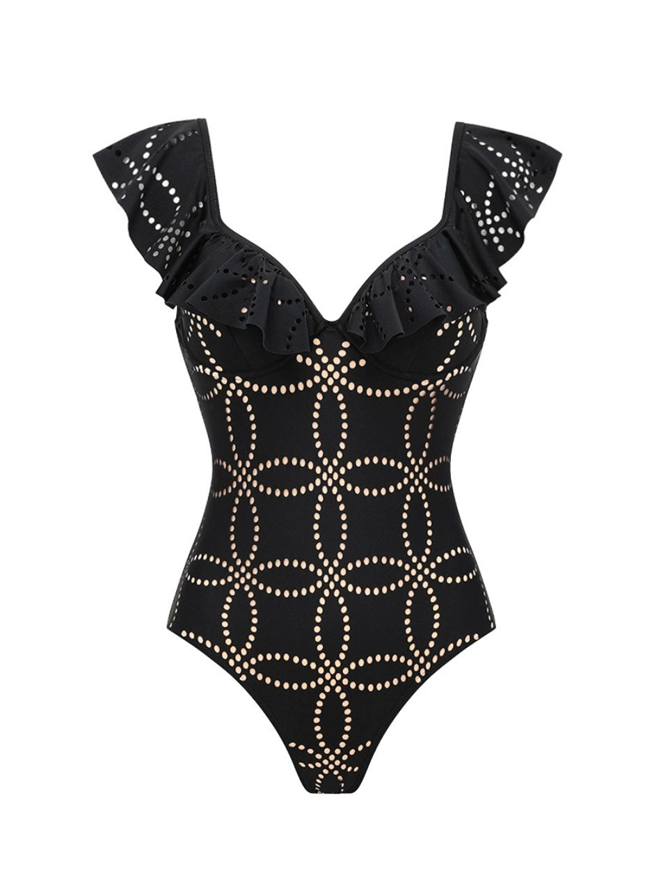 Black Eyelet Ruffle One Piece Swimsuit