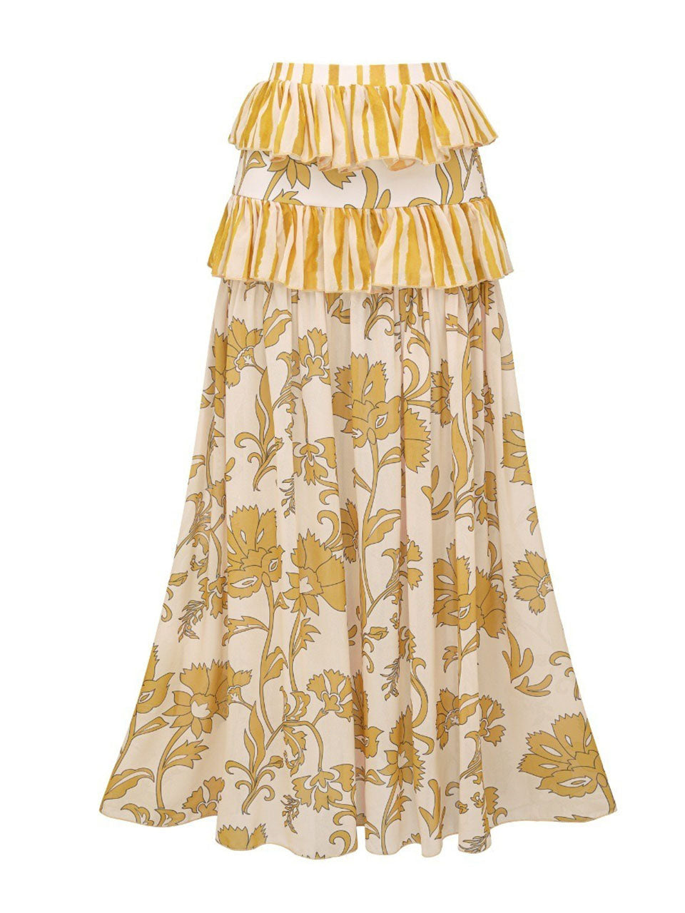 Yellow Floral Striped Halter Swimsuit & Tiered Ruffled Maxi Skirt Set