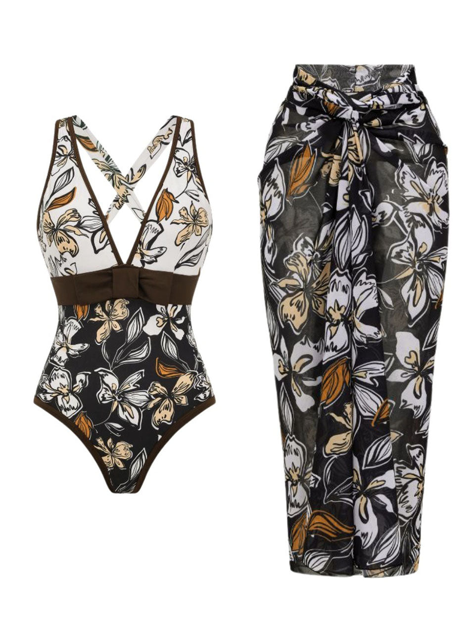 Black and Brown Floral Print Criss-Cross One-Piece Swimsuit and Sheer Sarong Set