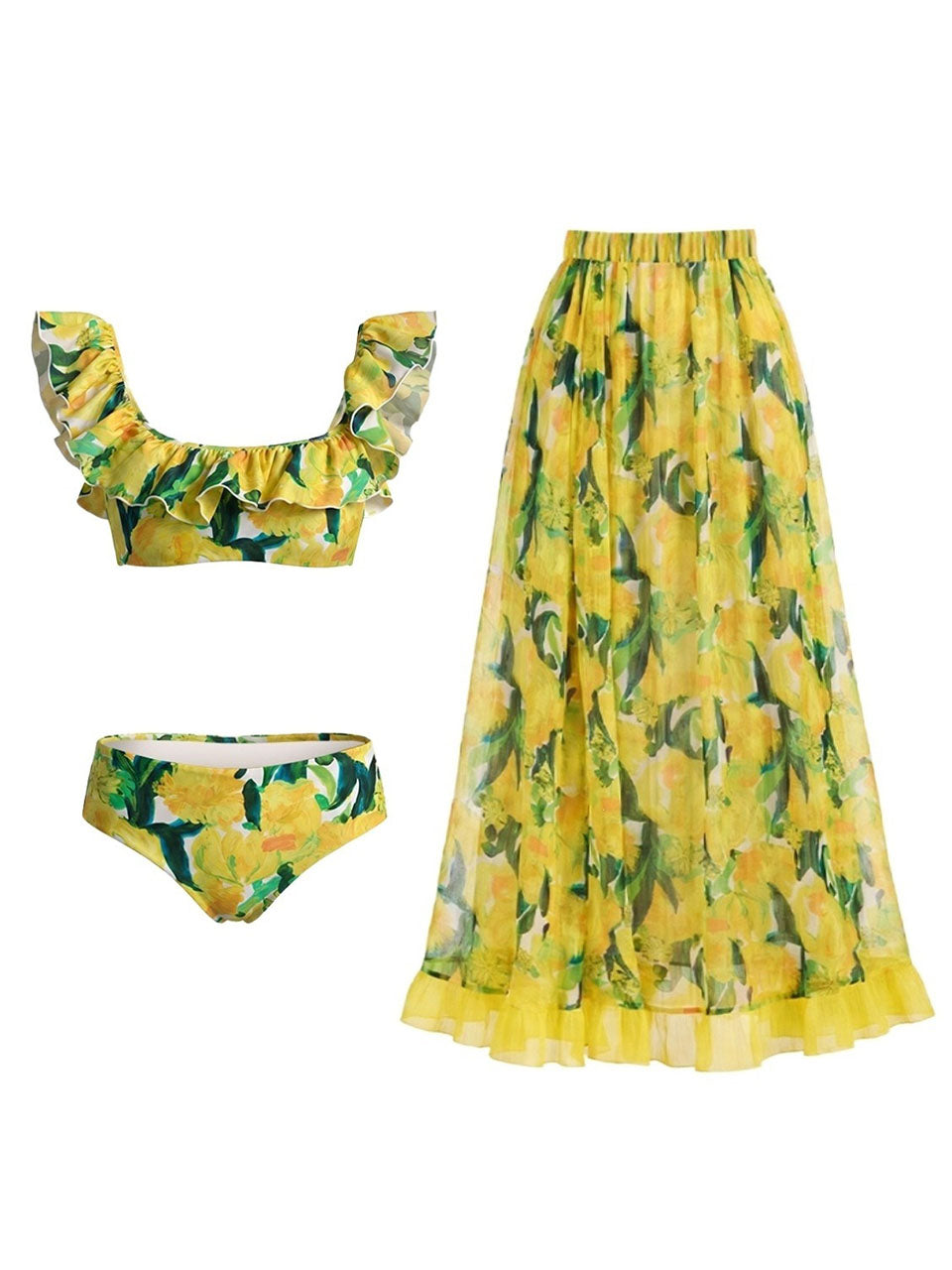 Yellow Lemon Floral Print 3 Piece Bikini Set