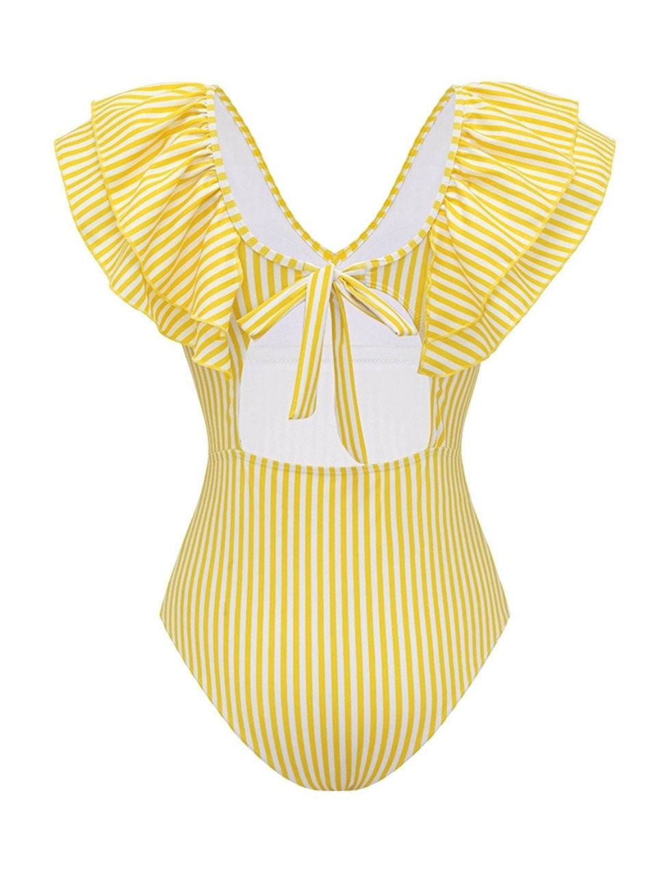 Yellow Striped Ruffle V-Neck One Piece Swimsuit