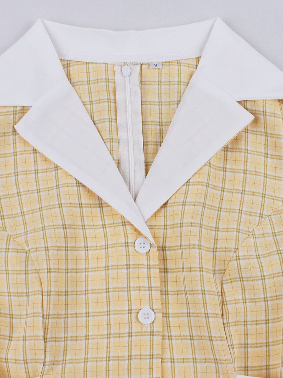 1950s Yellow Plaid Lapel Collar Short Sleeve Swing Dress