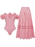 Barbiecore Pink and White Vertical Striped Strap Flowers One-Piece Swimsuit
