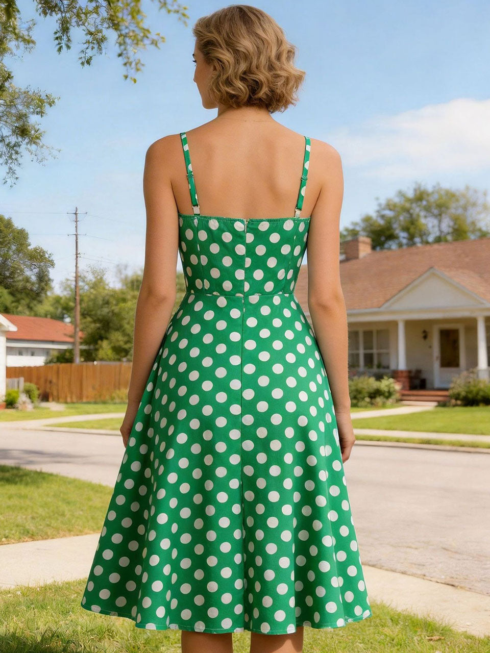 1950s Yellow Polka Dot  Lapel Strap Midi Dress
