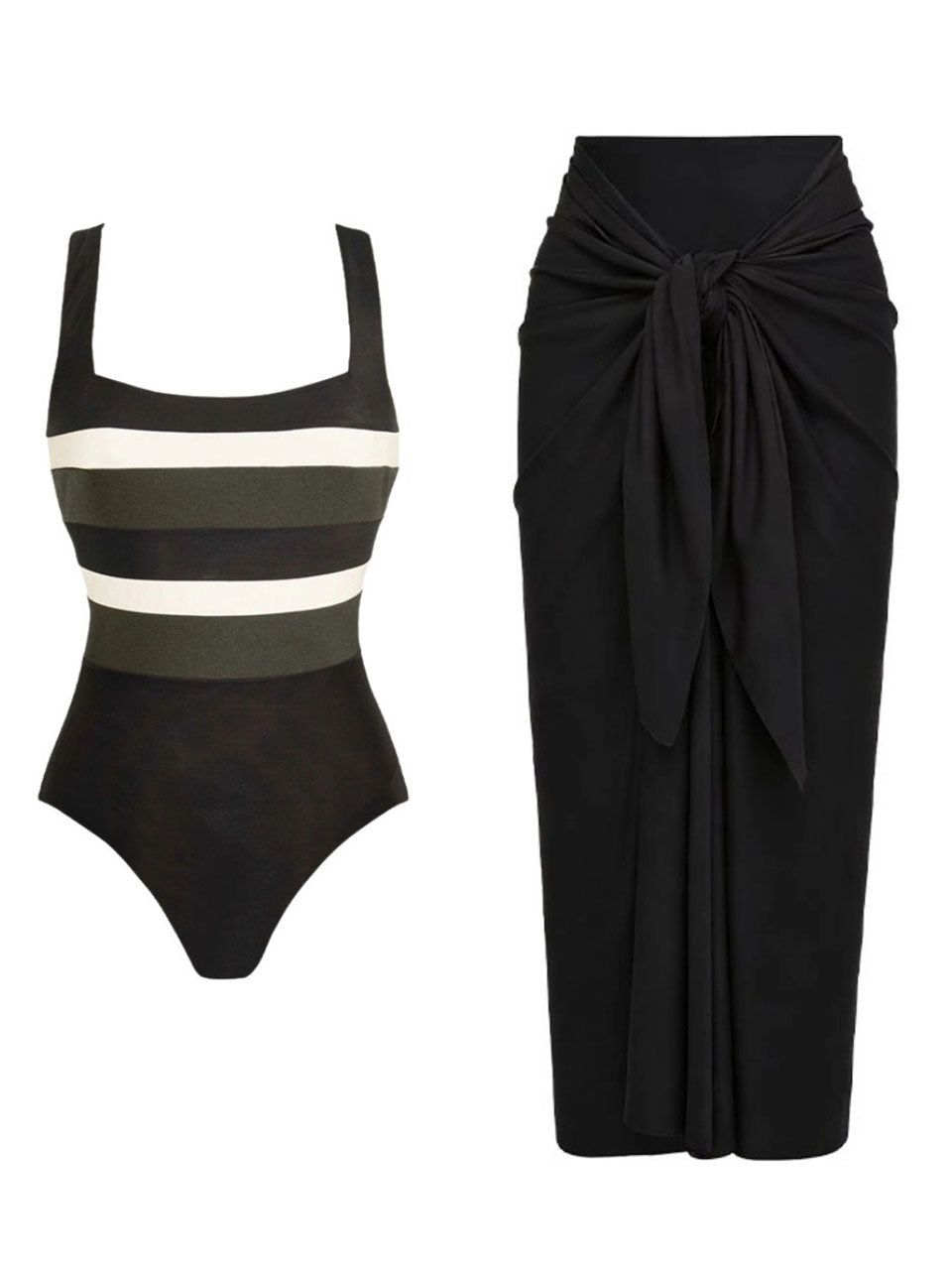 Striped Square-Neck Swimsuit & Tie-Front Sarong Skirt Set