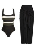 Striped Square-Neck Swimsuit & Tie-Front Sarong Skirt Set