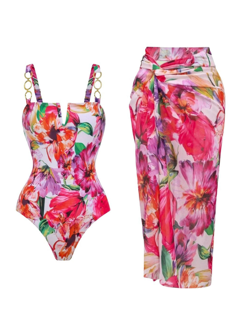 Red Floral One Piece Swimsuit and Beach Set, Gold Chain Strap Bathing Suit
