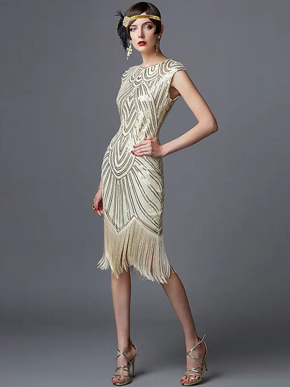 1920s Champagne Fringed Sequined Flapper 1920s Great Gatsby Dress