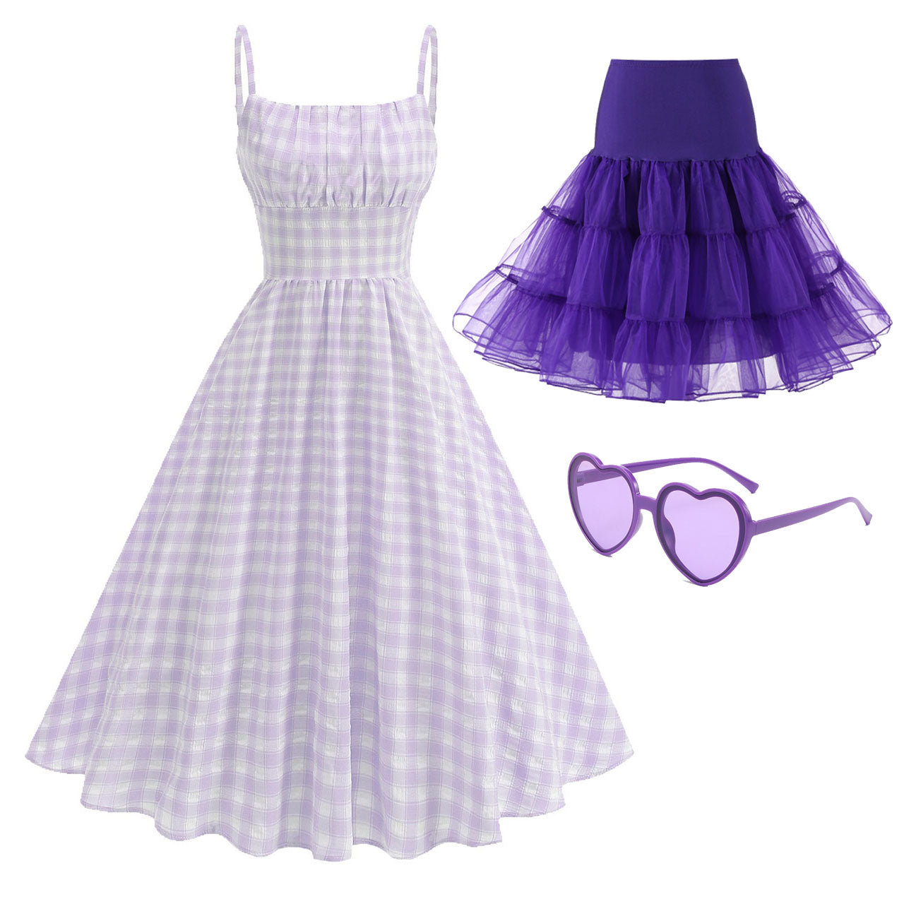 Blue And White Plaid Strap Classis Style 1950S Vintage Dress Set