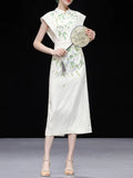 White Satin Green Leaves Flying Sleeves Print Vintage Dress