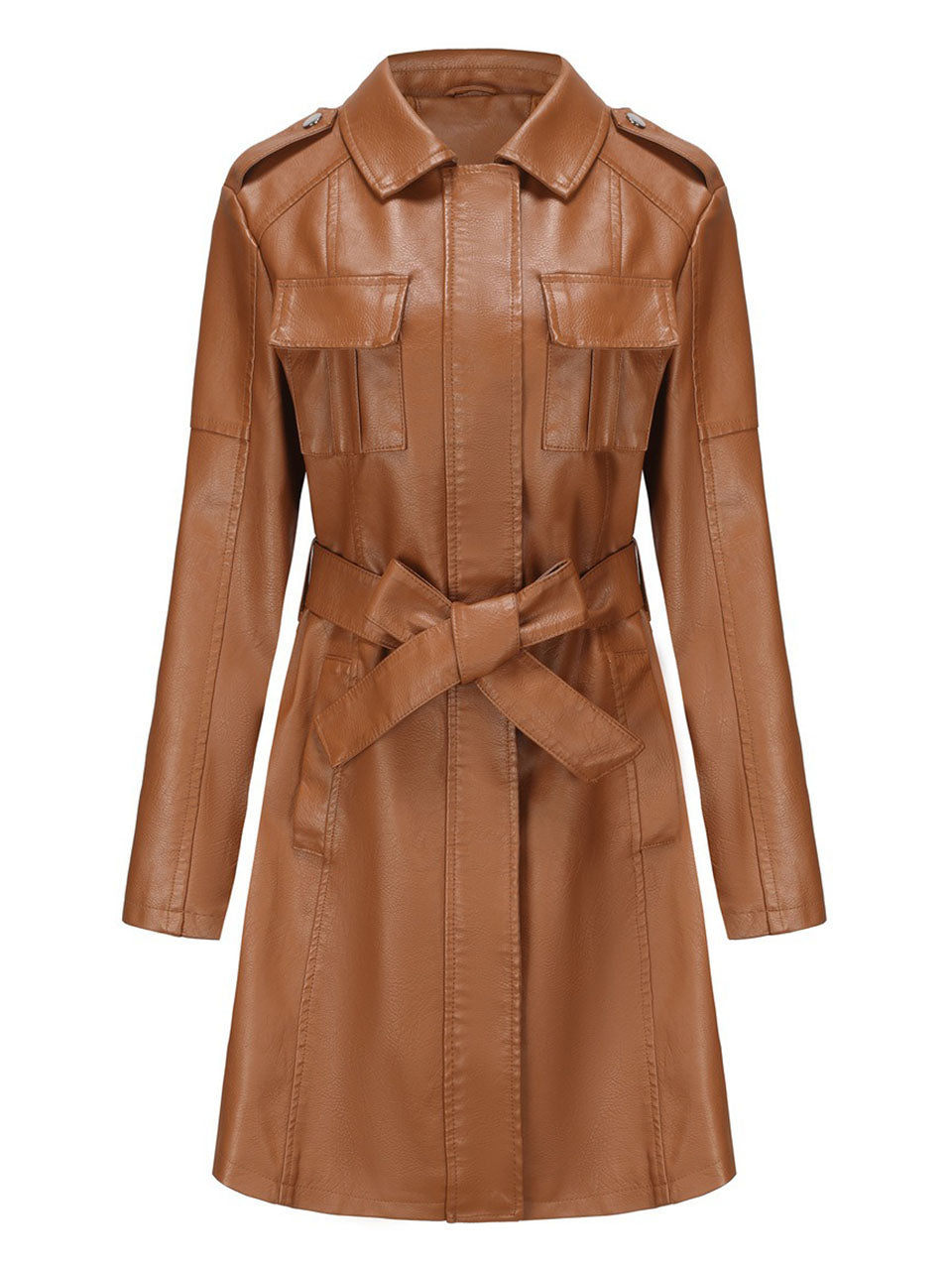Black Faux PU Leather Trench Mid-Length Coat