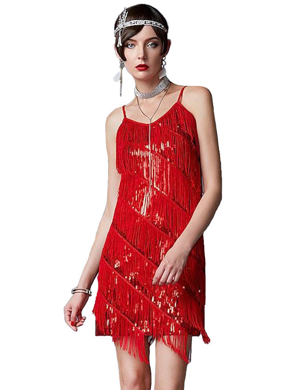 Spaghetti Straps White Fringed 1920s Great Gatsby Dress