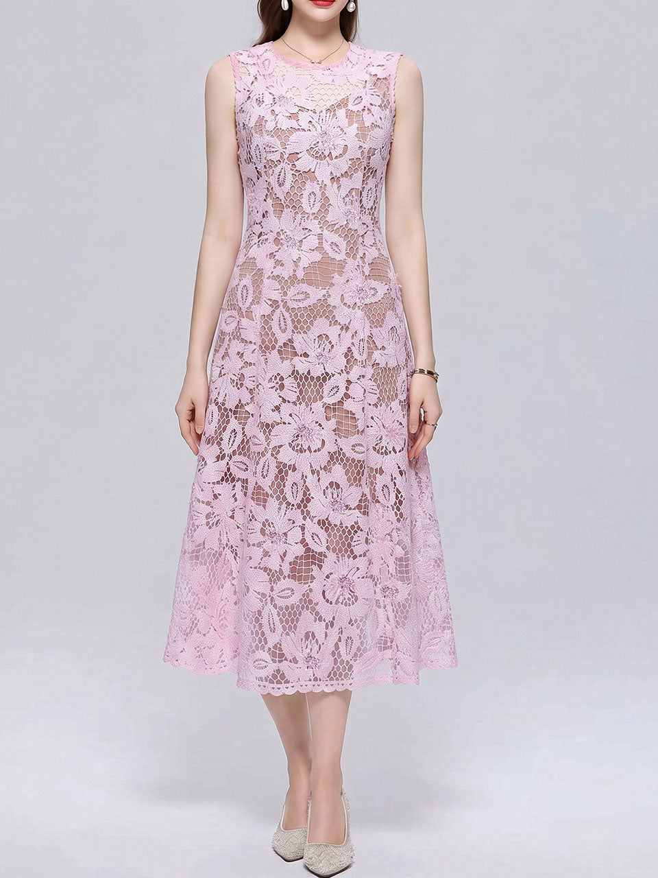 Baby Blue Floral Sheer Lace Sleeveless Cutout A-Line Midi Dress