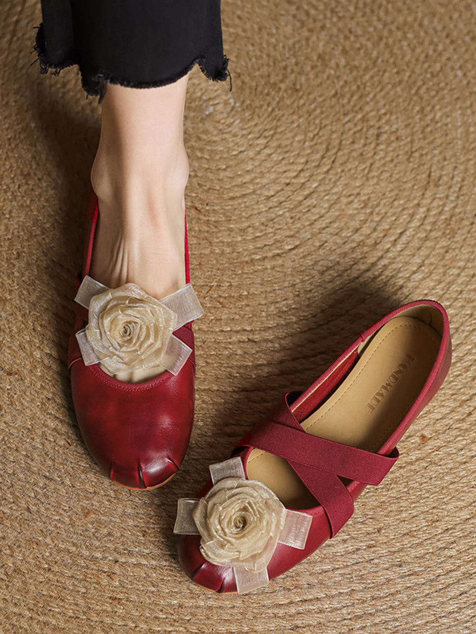Purple Handmade Floral Washed Leather Cross Elastic Mary Jane Flat Heel Shoes