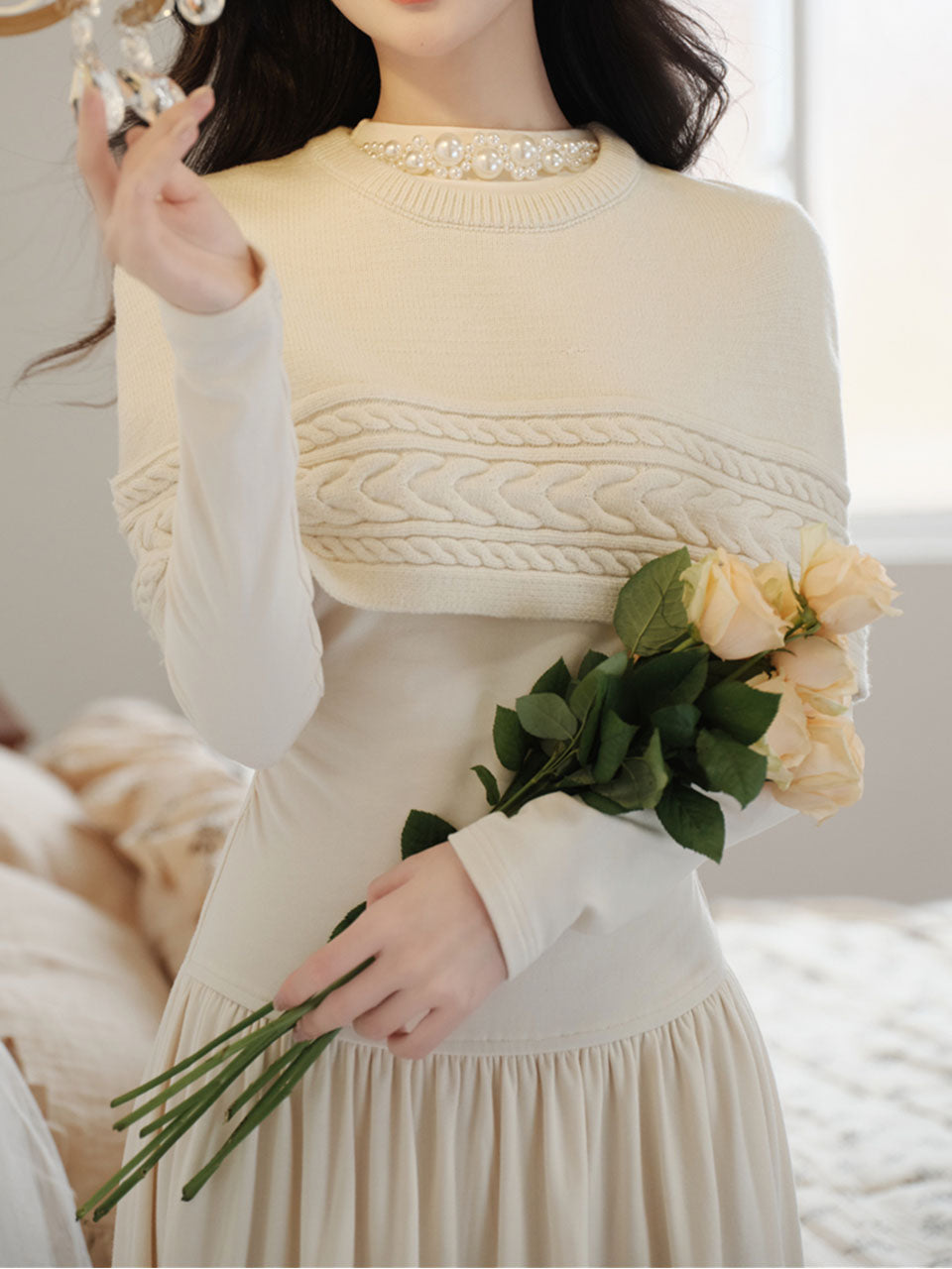 White Two-Piece Set Pearl Beaded Long Sleeve Dress