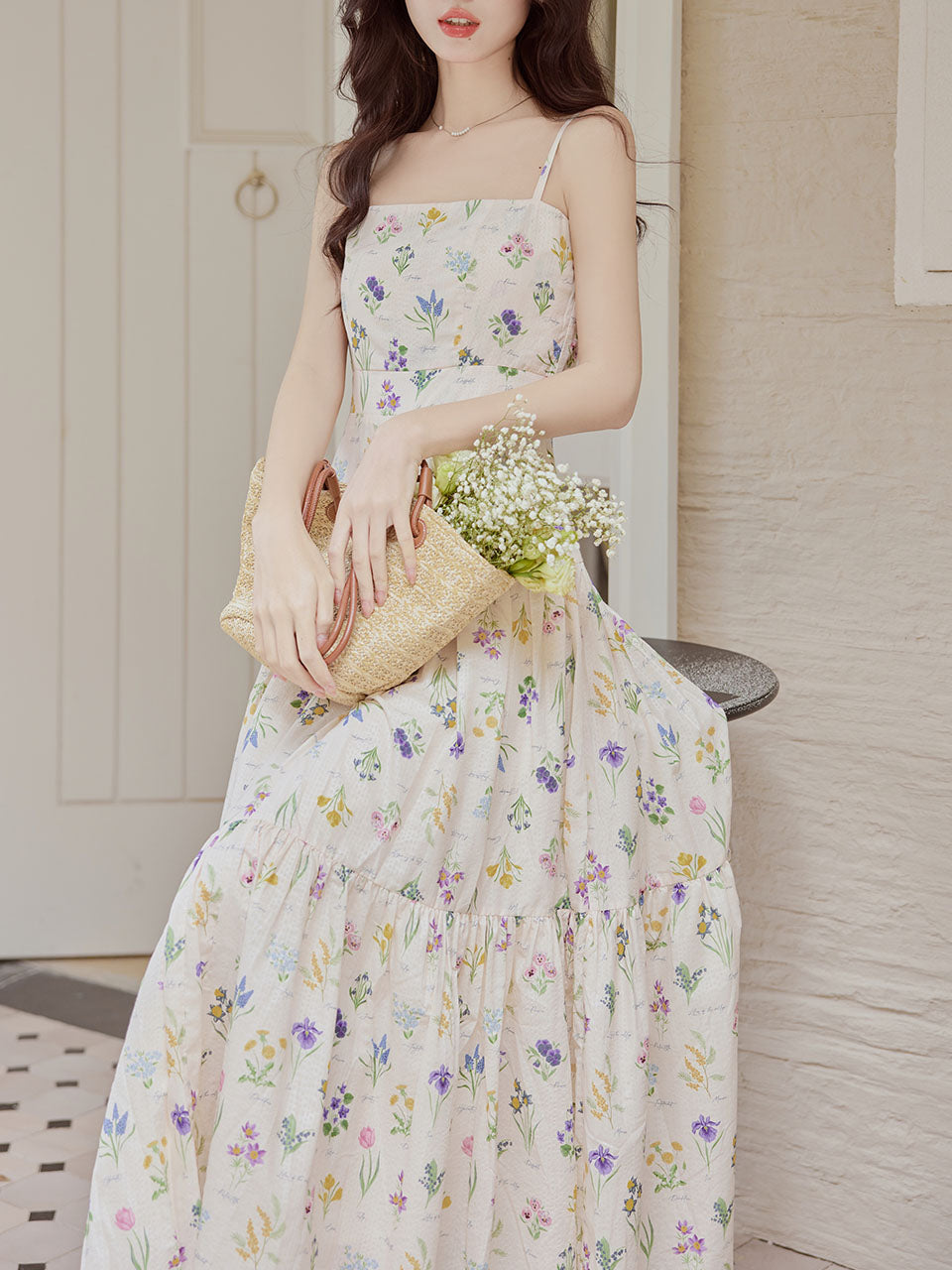 2PS White Floral Print Spaghetti Strap Dress