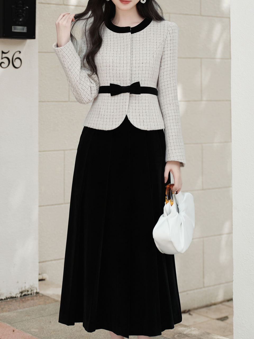 White Crew Neck Tweed Coat and Black Skirt Vintage Set