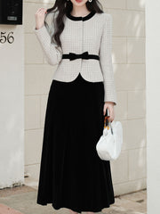 White Crew Neck Tweed Coat and Black Skirt Vintage Set