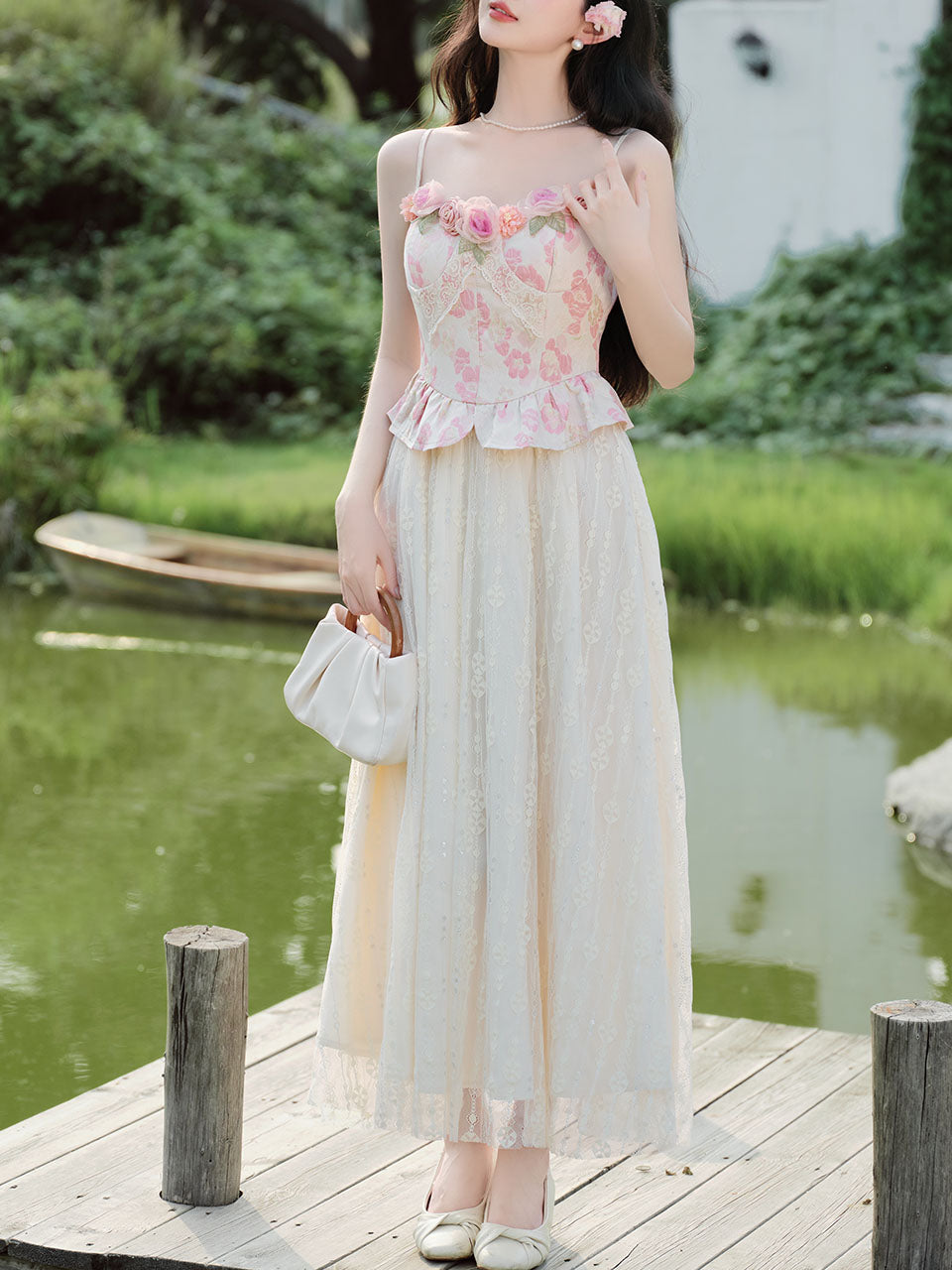 2PS Pink Rose Spaghetti Strap 1950S Swing Victoria's Fairy Dress